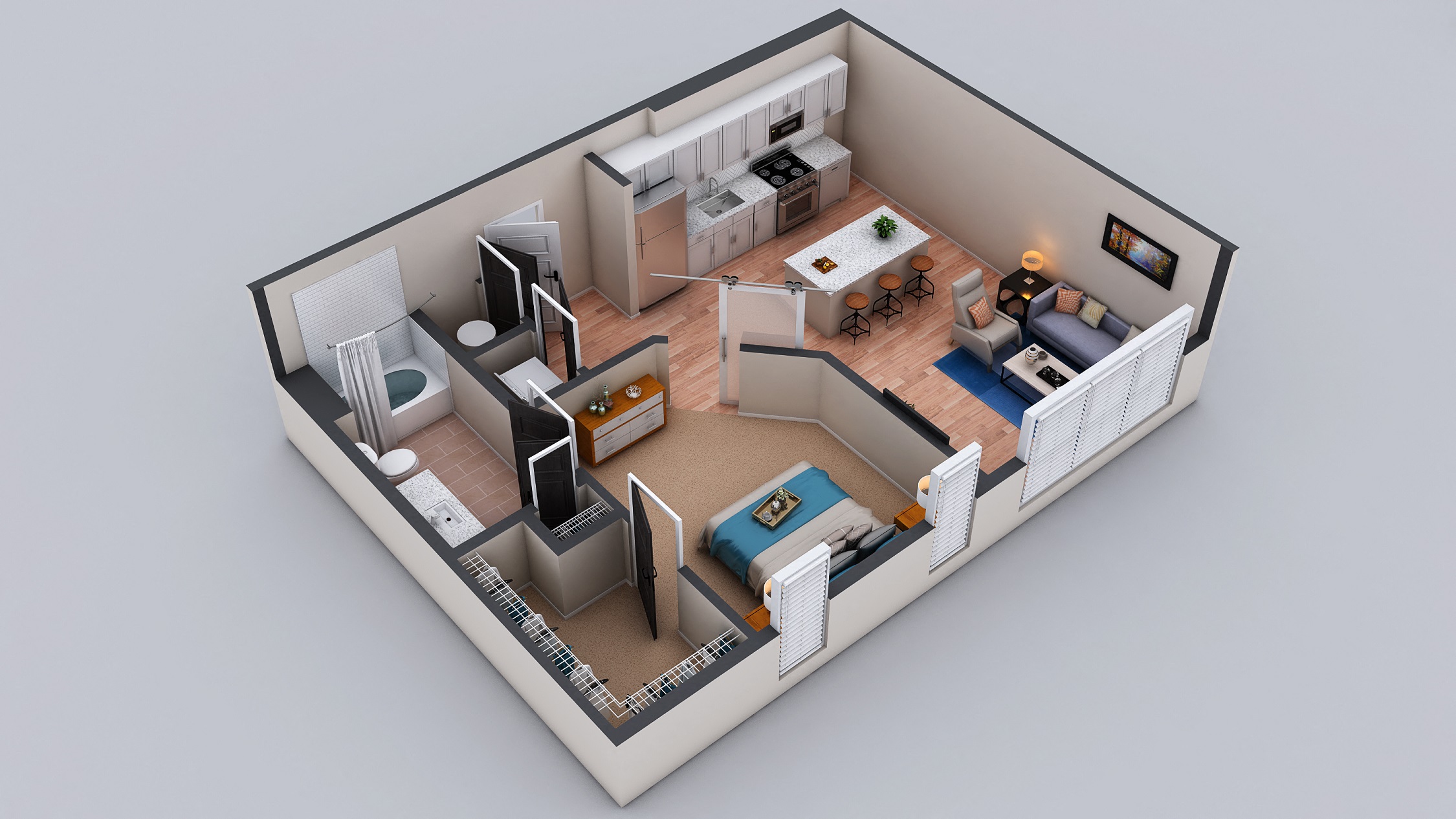 Floor plan for 1 bed, 1 bath, 699 sqft